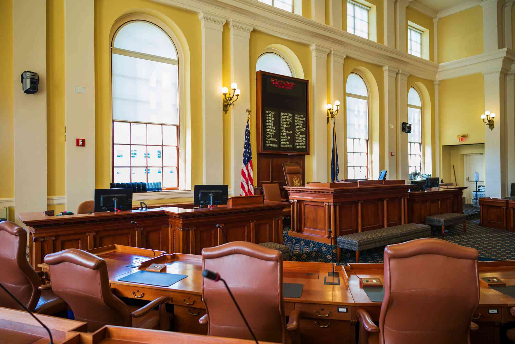 A close up of a courthouse room.